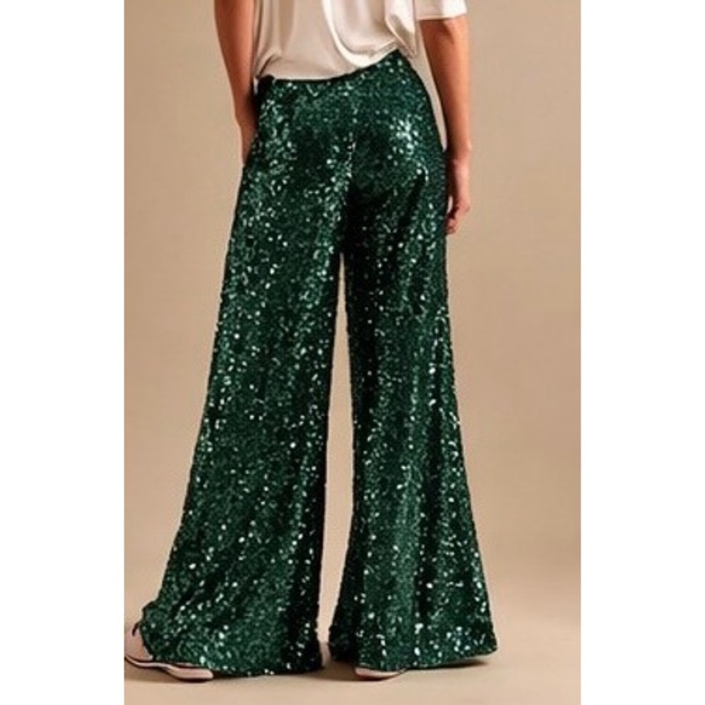 Anthropologie Emerald Green Sequin Wide-Leg Pants - Picture 3 of 8